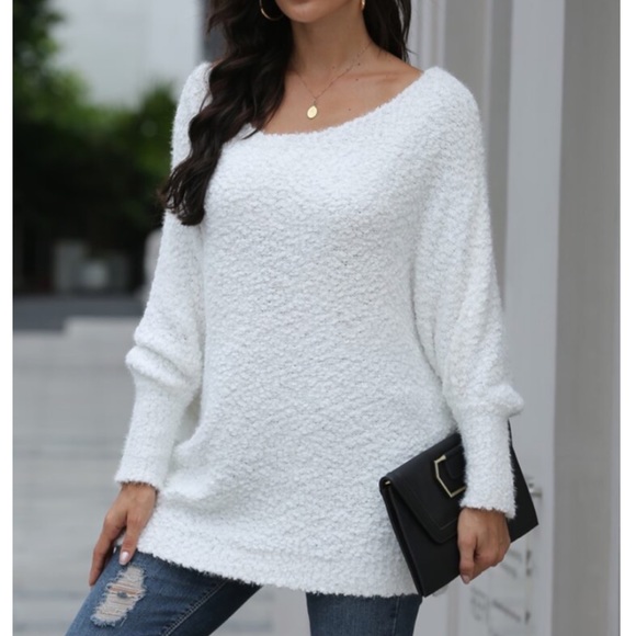 White Popcorn Batwing Soft Oversized Sweater - Picture 5 of 8